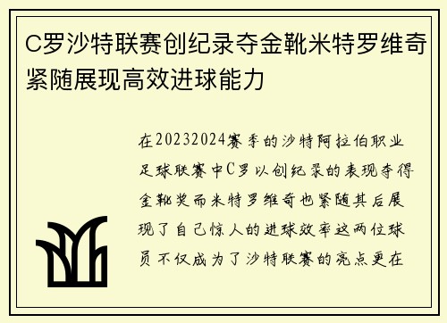 C罗沙特联赛创纪录夺金靴米特罗维奇紧随展现高效进球能力 C罗沙特联赛创纪录夺金靴米特罗维奇紧随展现高效进球能力