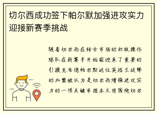 切尔西成功签下帕尔默加强进攻实力迎接新赛季挑战 切尔西成功签下帕尔默加强进攻实力迎接新赛季挑战