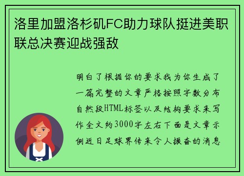 洛里加盟洛杉矶FC助力球队挺进美职联总决赛迎战强敌